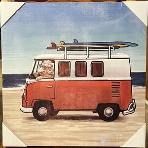 Dog Driving Vintage Surf Van Wall Art – 16x16 Canvas Print, Beach Decor
